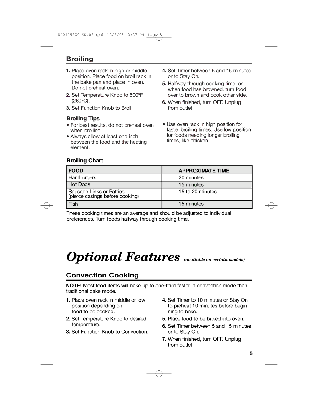 Hamilton Beach 31195 manual Convection Cooking, Broiling Tips, Broiling Chart, Food Approximate Time 