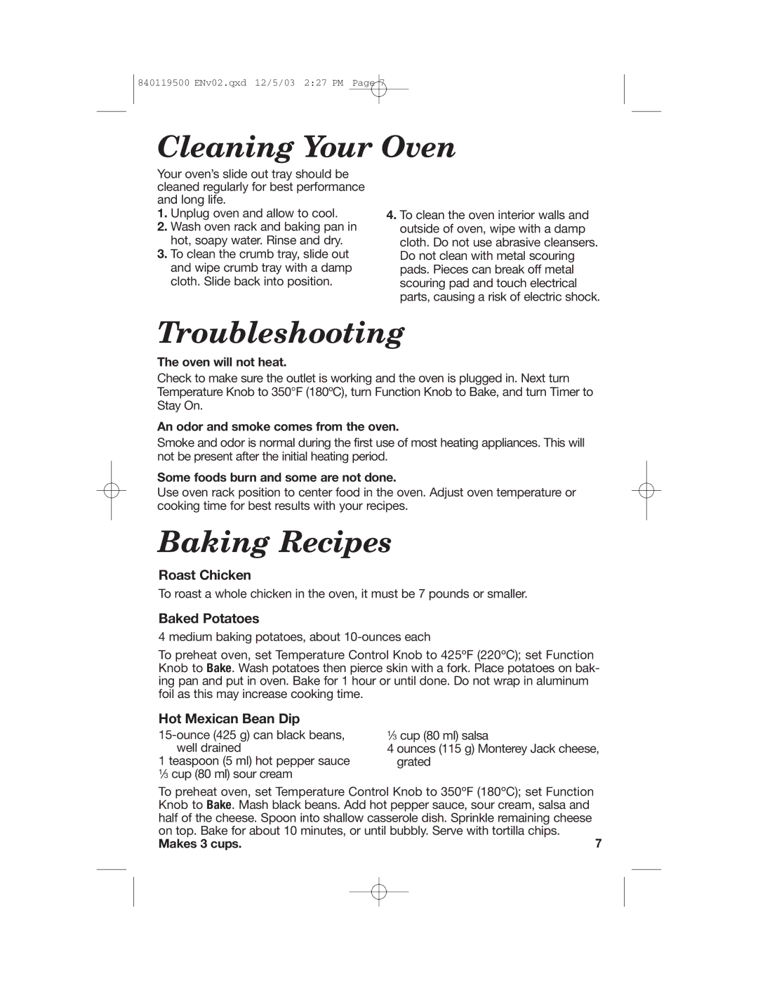 Hamilton Beach 31195 manual Cleaning Your Oven, Troubleshooting, Baking Recipes 