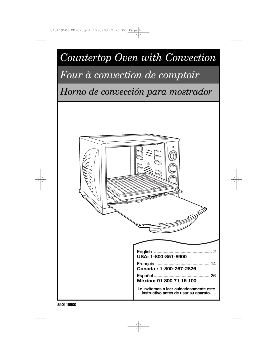 Hamilton Beach 31195 manual Usa, Canada, México 01, Countertop Oven with Convection, Four à convection de comptoir 