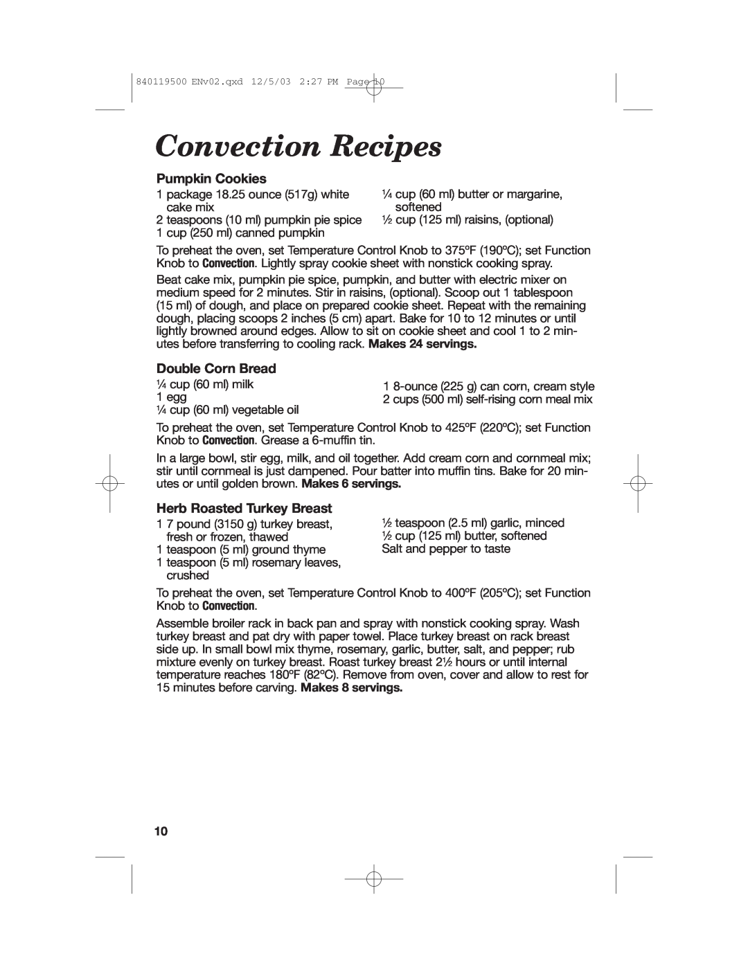 Hamilton Beach 31195 manual Convection Recipes, Pumpkin Cookies, Double Corn Bread, Herb Roasted Turkey Breast 