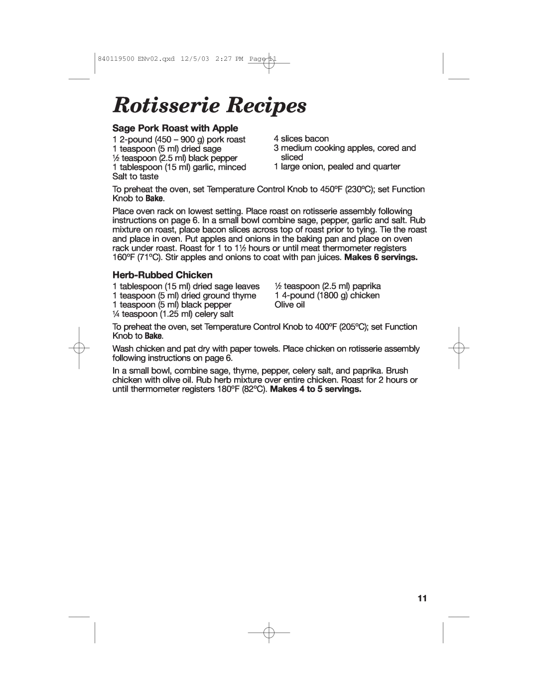 Hamilton Beach 31195 manual Rotisserie Recipes, Sage Pork Roast with Apple, Herb-RubbedChicken 