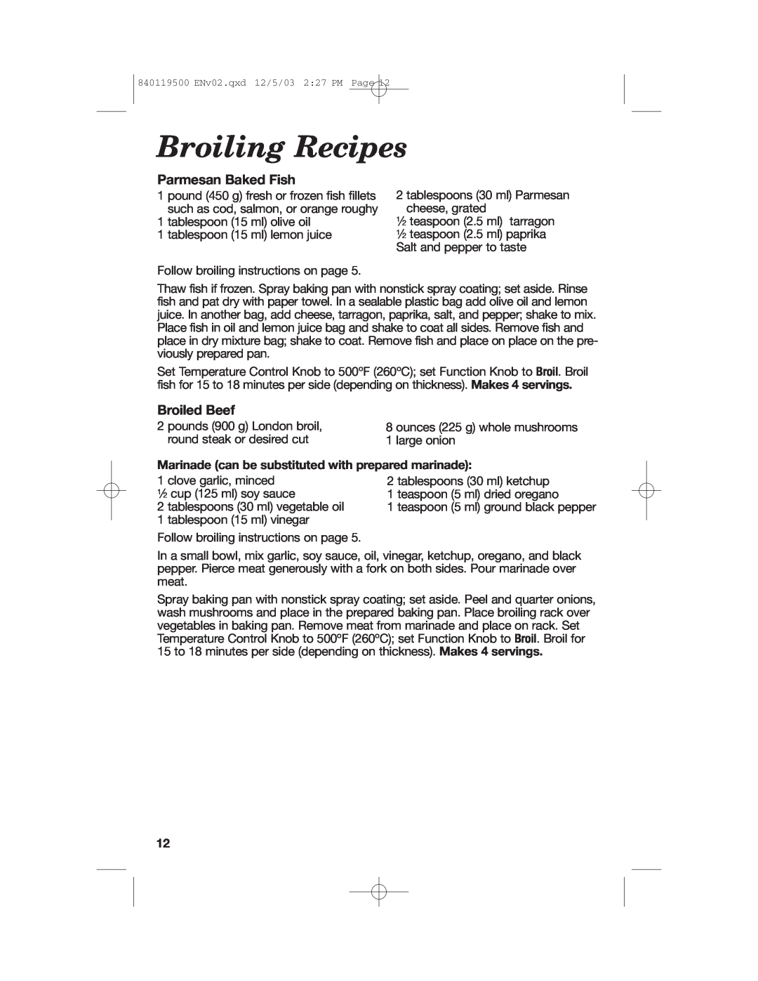 Hamilton Beach 31195 manual Broiling Recipes, Parmesan Baked Fish, Broiled Beef 