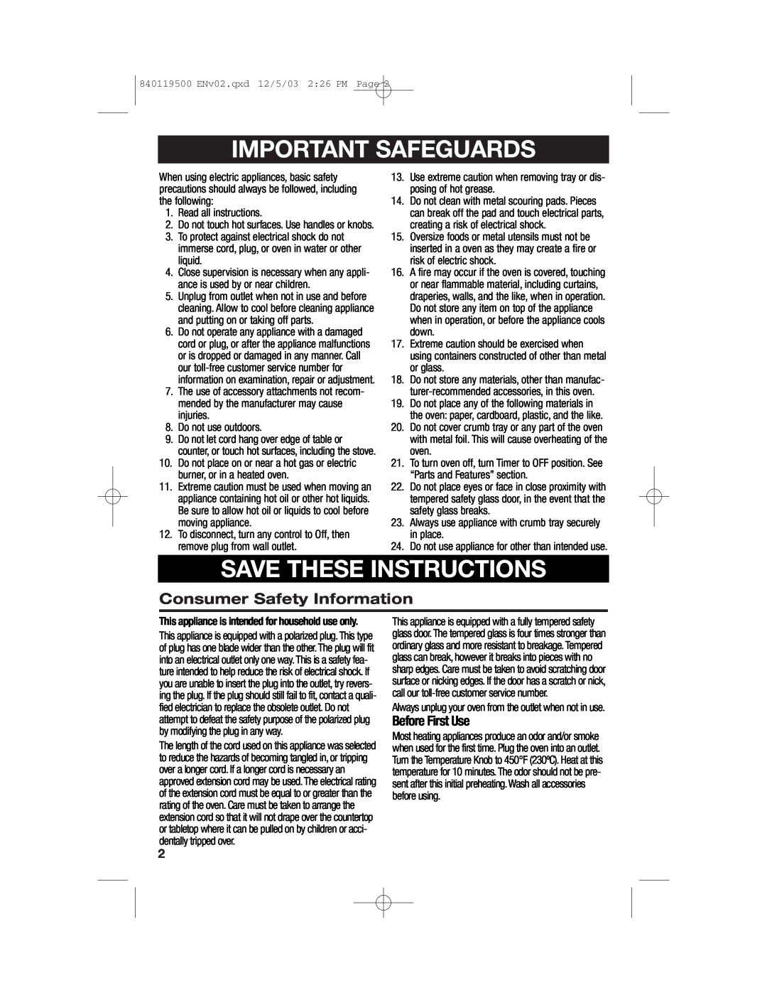 Hamilton Beach 31195 manual Important Safeguards, Save These Instructions, Consumer Safety Information, Before First Use 