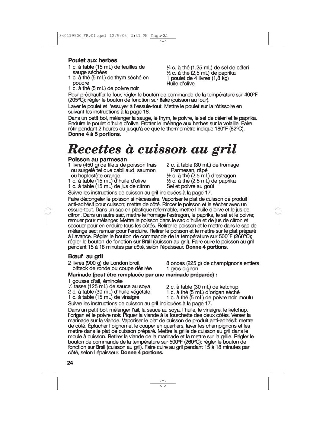 Hamilton Beach 31195 manual Recettes à cuisson au gril, Poulet aux herbes, Poisson au parmesan, Bœuf au gril 
