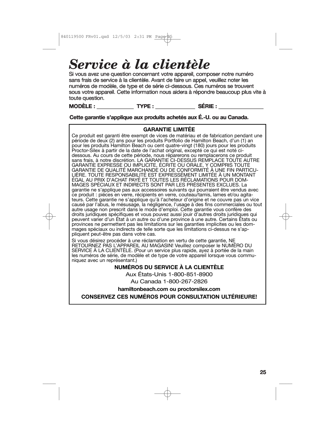 Hamilton Beach 31195 manual Service à la clientèle, Garantie Limitée, Numéros Du Service À La Clientèle 