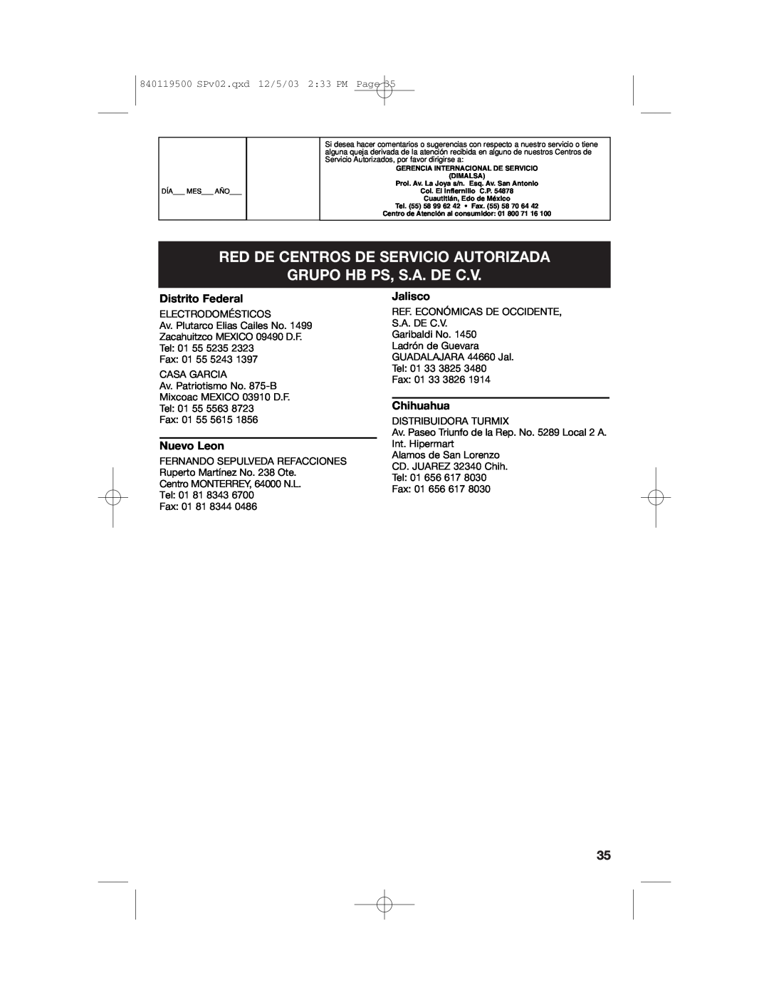 Hamilton Beach 31195 manual Red De Centros De Servicio Autorizada, Grupo Hb Ps, S.A. De C.V, Distrito Federal, Nuevo Leon 