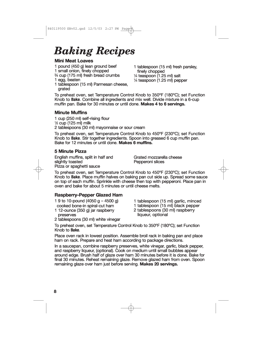 Hamilton Beach 31195 manual Mini Meat Loaves, Minute Muffins, Minute Pizza, Raspberry-PepperGlazed Ham, Baking Recipes 