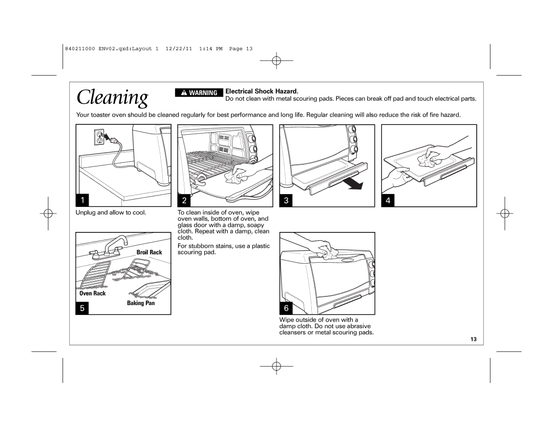 Hamilton Beach 31331, 31333 manual Cleaning, Electrical Shock Hazard, Oven Rack, Baking Pan 