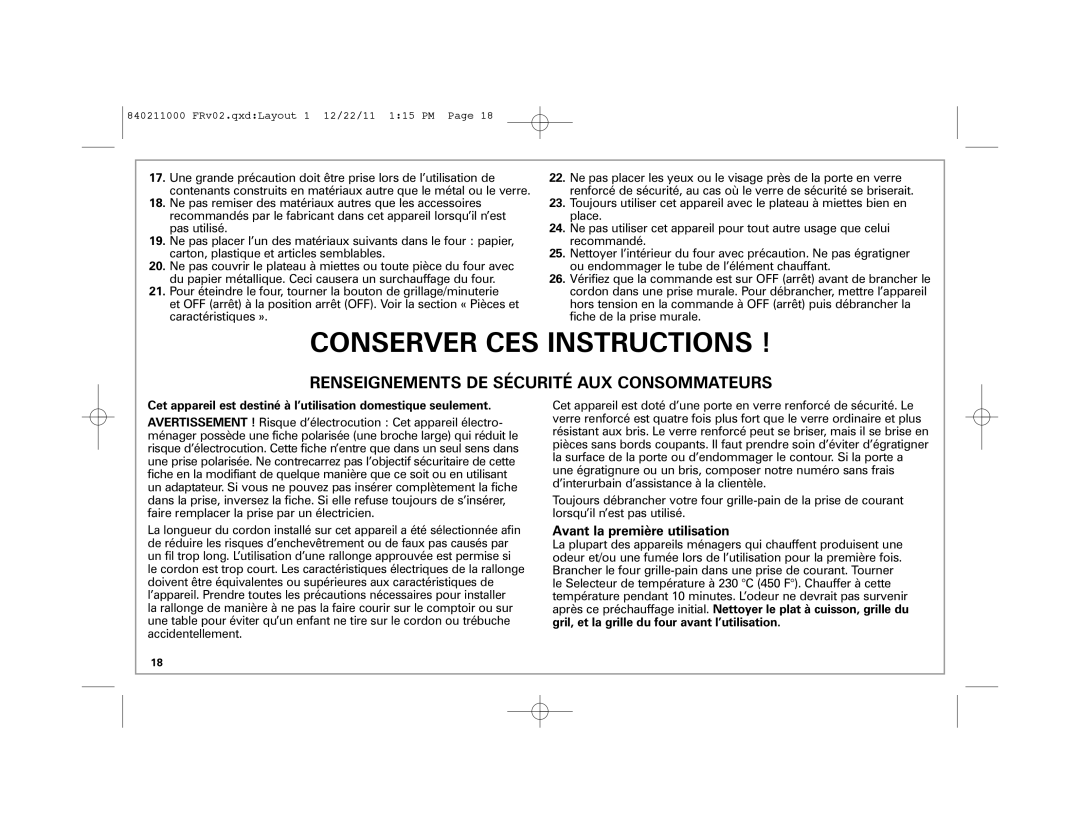 Hamilton Beach 31333, 31331 manual Conserver CES Instructions, Avant la première utilisation 