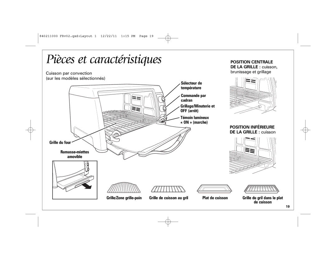 Hamilton Beach 31331, 31333 manual Position Centrale, Position Inférieure, Grille de cuisson au gril Plat de cuisson 
