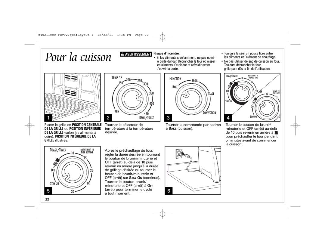 Hamilton Beach 31333, 31331 manual Pour la cuisson, Avertissement Risque d’incendie, Grille-pain dès la fin de l’utilisation 