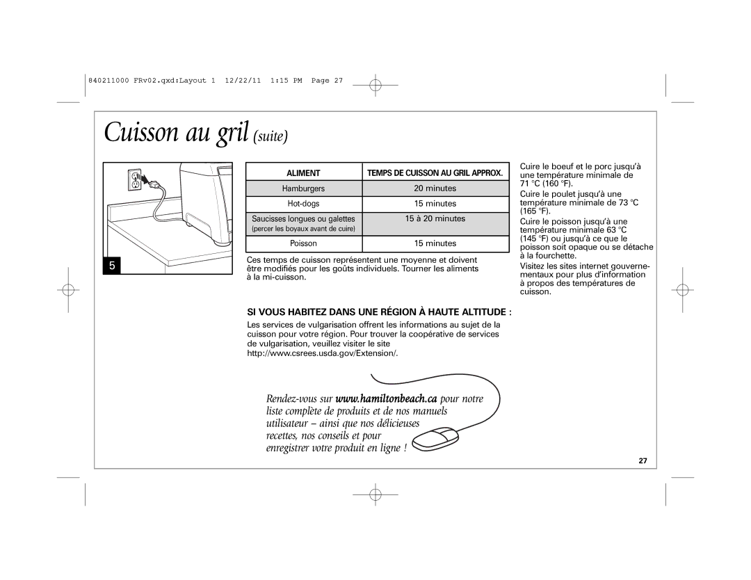 Hamilton Beach 31331, 31333 manual Cuisson au gril suite, SI Vous Habitez Dans UNE Région À Haute Altitude 