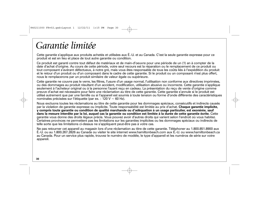 Hamilton Beach 31333, 31331 manual Garantie limitée 