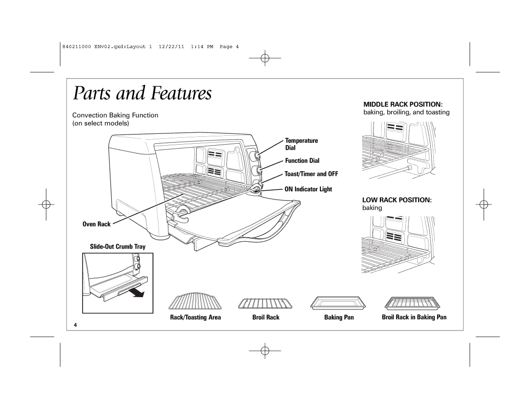 Hamilton Beach 31333 Middle Rack Position, LOW Rack Position, Baking, Oven Rack Slide-Out Crumb Tray Rack/Toasting Area 