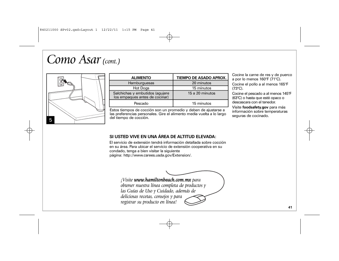 Hamilton Beach 31331, 31333 manual SI Usted Vive EN UNA Área DE Altitud Elevada, Alimento Tiempo DE Asado Aprox 