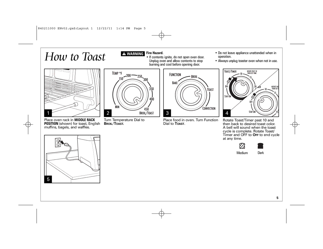 Hamilton Beach 31331, 31333 manual How to Toast, Fire Hazard, Turn Temperature Dial to 