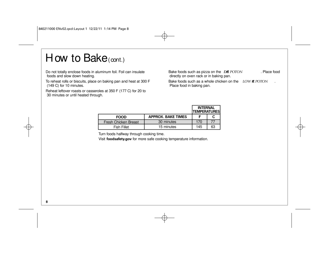 Hamilton Beach 31333, 31331 manual Food APPROX. Bake Times 