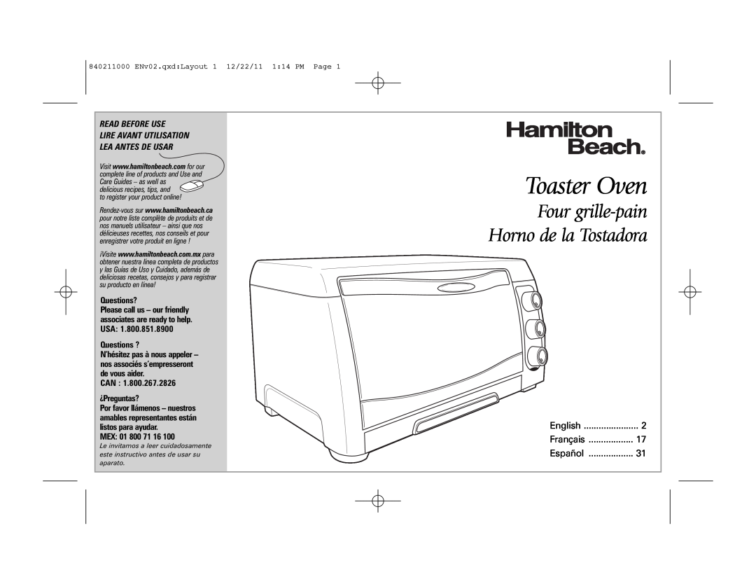 Hamilton Beach 31331, 31333 manual Toaster Oven, Four grille-painHorno de la Tostadora, Read Before Use 