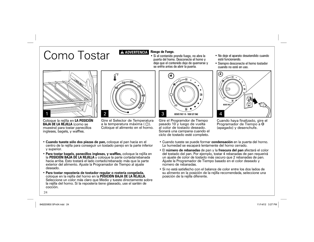 Hamilton Beach 31334 manual Como Tostar, Riesgo de Fuego 