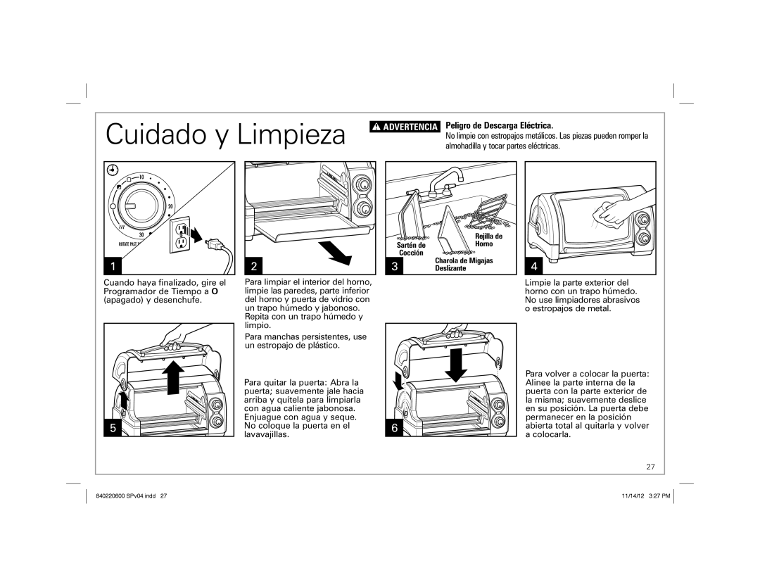 Hamilton Beach 31334 manual Cuidado y Limpieza, Peligro de Descarga Eléctrica 