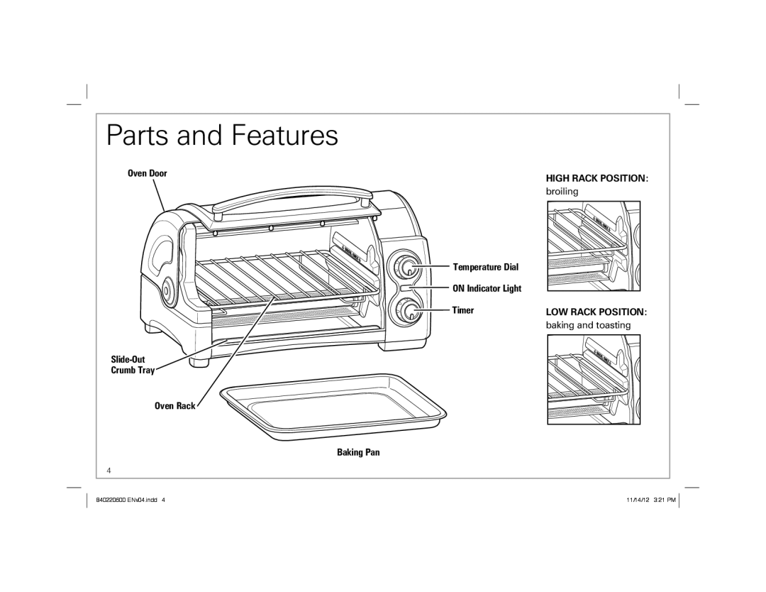 Hamilton Beach 31334 manual High Rack Position, LOW Rack Position, Crumb Tray 