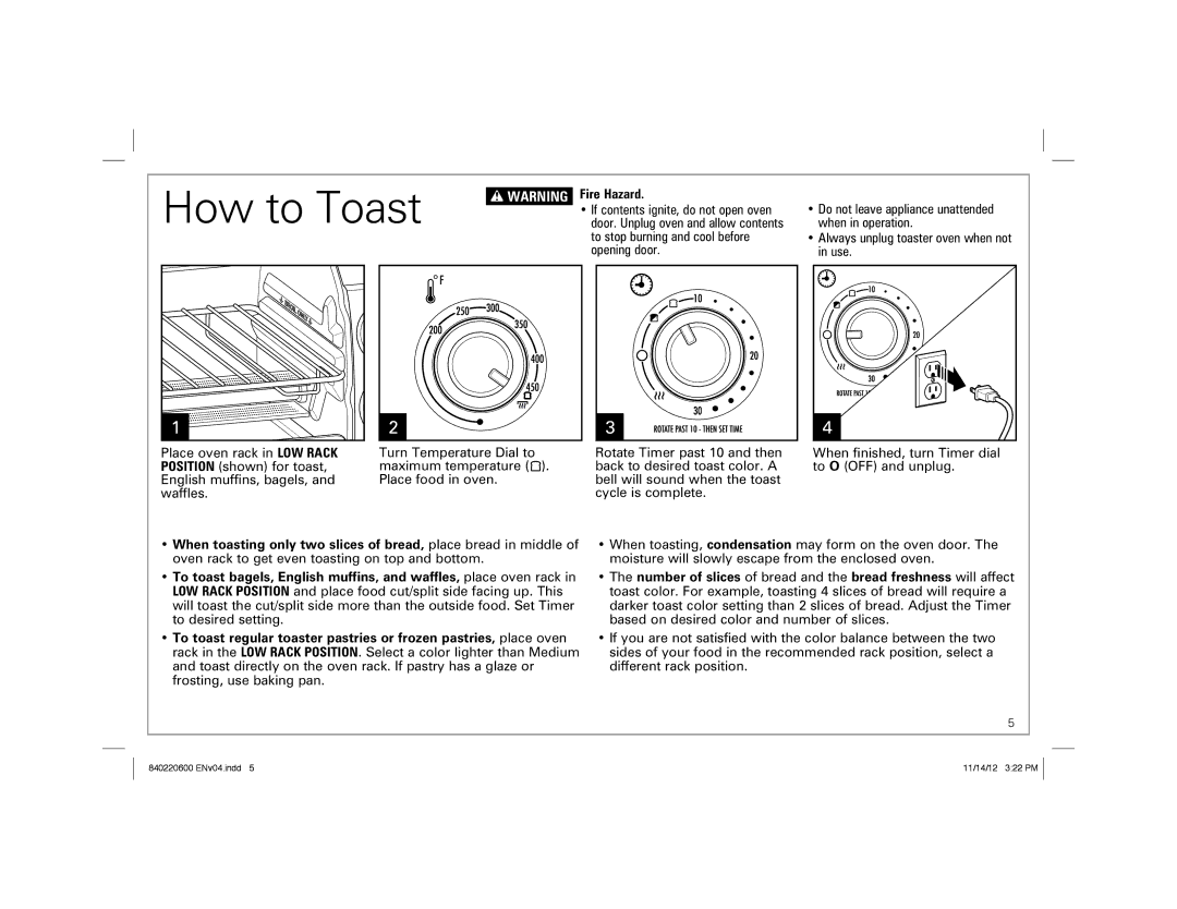 Hamilton Beach 31334 manual How to Toast, Fire Hazard 