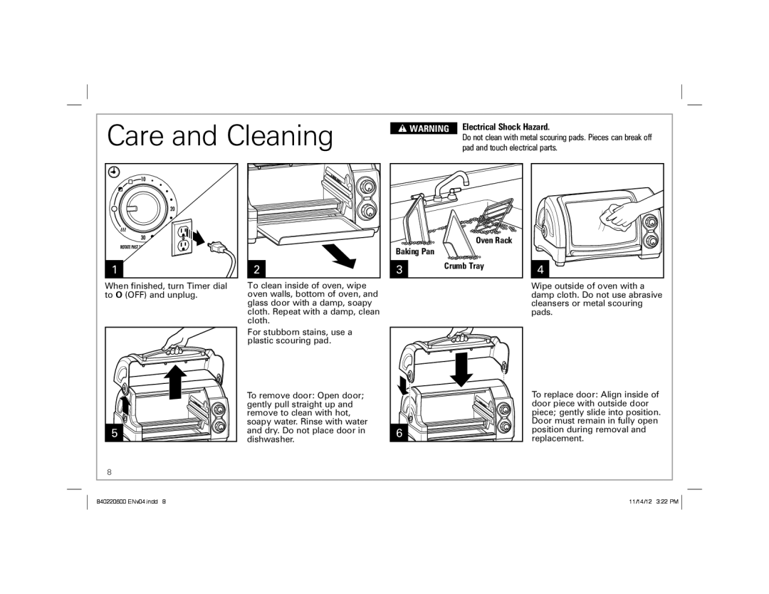 Hamilton Beach 31334 manual Care and Cleaning, Oven Rack Baking Pan 