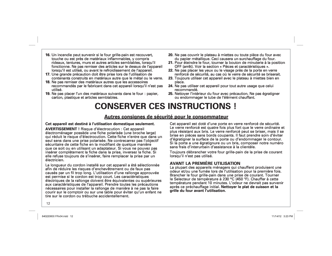 Hamilton Beach 31334 manual Conserver Ces Instructions, Autres consignes de sécurité pour le consommateur 