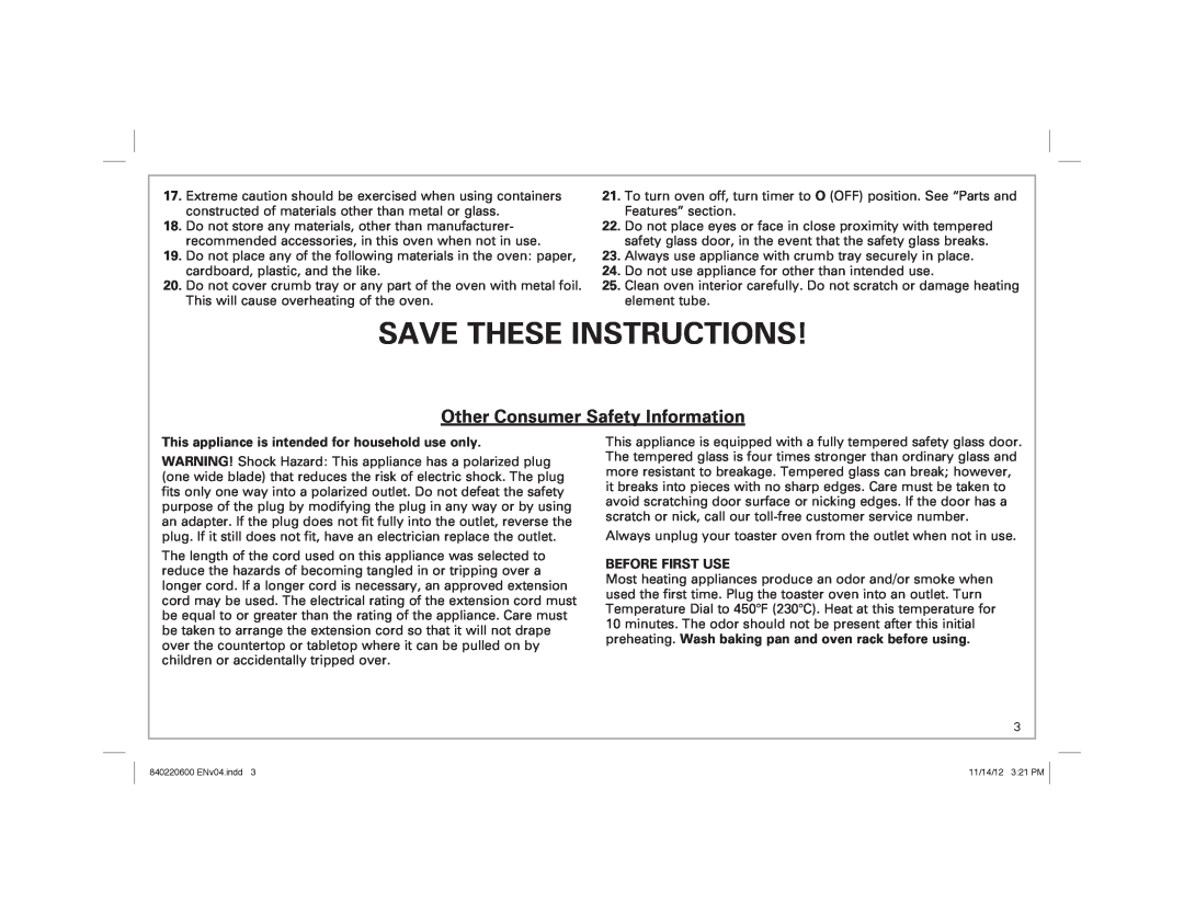 Hamilton Beach 31334 manual Save These Instructions, Other Consumer Safety Information, Before First Use 