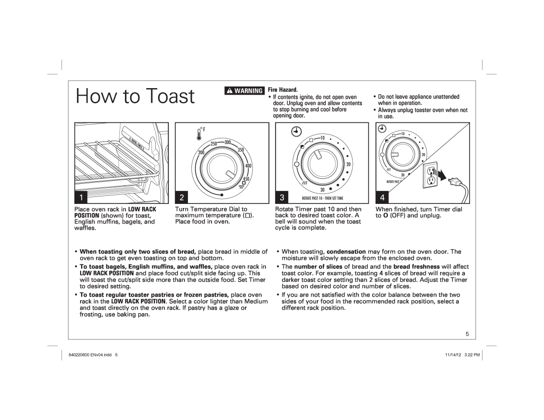 Hamilton Beach 31334 manual How to Toast, w WARNING, Fire Hazard 