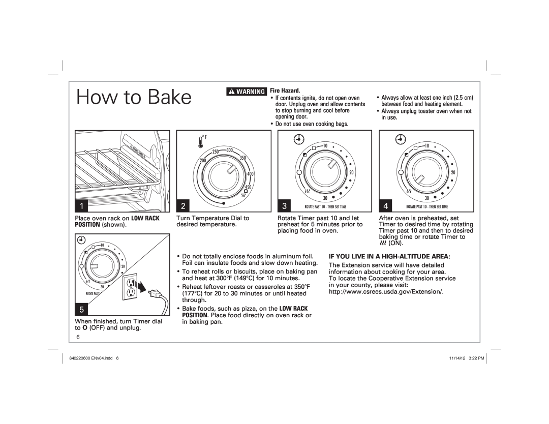 Hamilton Beach 31334 manual How to Bake, w WARNING, Fire Hazard, If You Live In A High-Altitude Area 