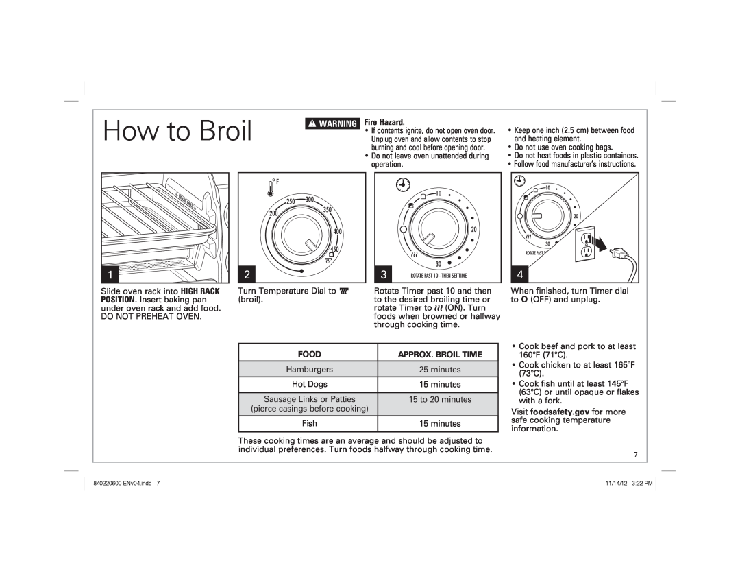 Hamilton Beach 31334 manual How to Broil, w WARNING, Fire Hazard, Food, Approx. Broil Time 