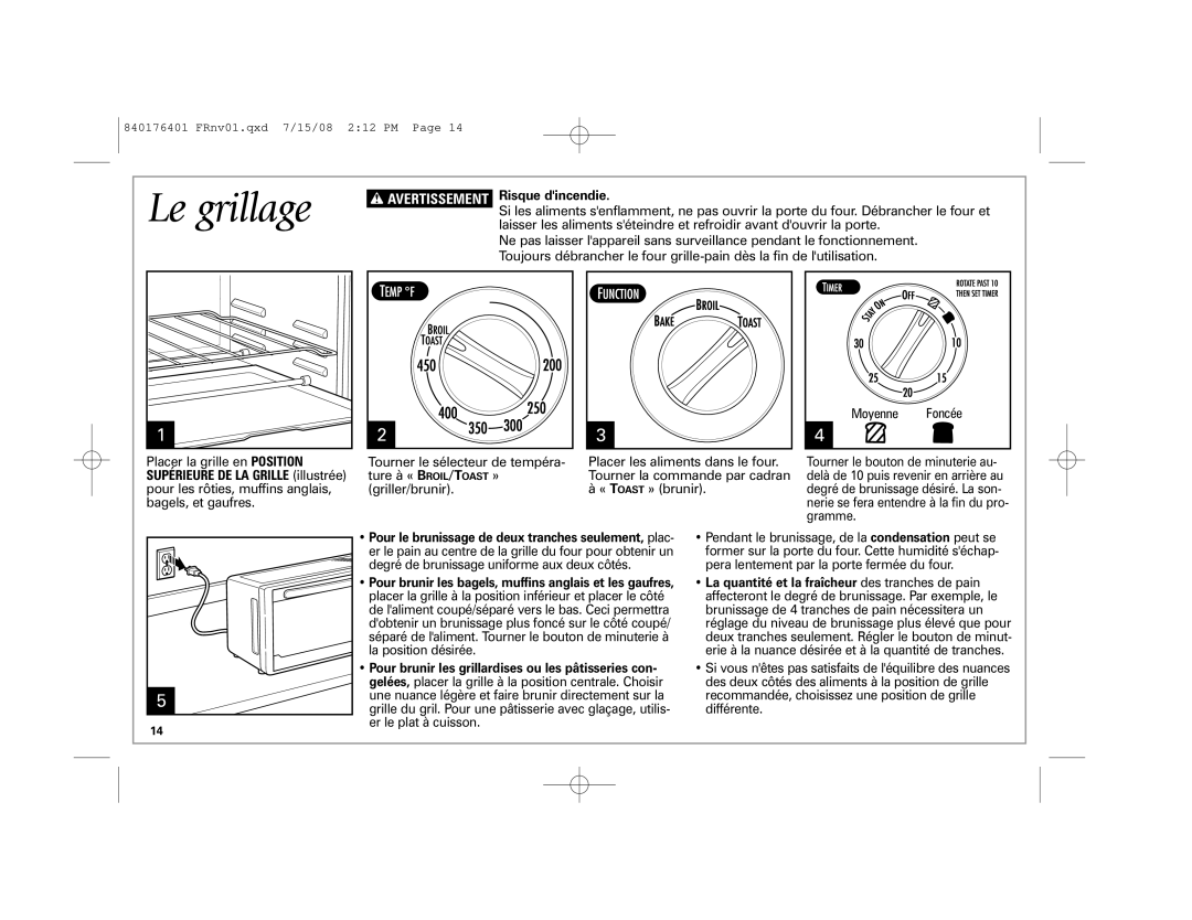 Hamilton Beach 31507 manual Le grillage, Avertissement Risque dincendie 