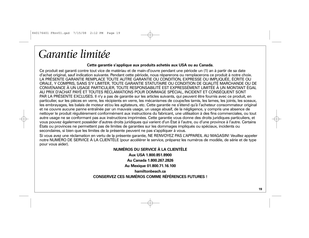 Hamilton Beach 31507 Garantie limitée, Numéros DU Service À LA Clientèle, Aux USA Au Canada Au Mexique Hamiltonbeach.ca 