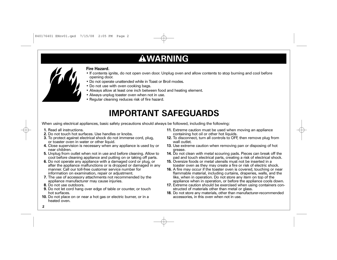 Hamilton Beach 31507 manual Important Safeguards, Fire Hazard 