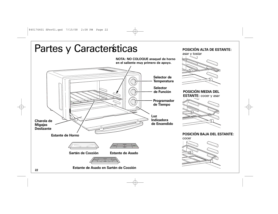 Hamilton Beach 31507 manual Partes y Características, Posición Alta DE Estante, Posición Media DEL 