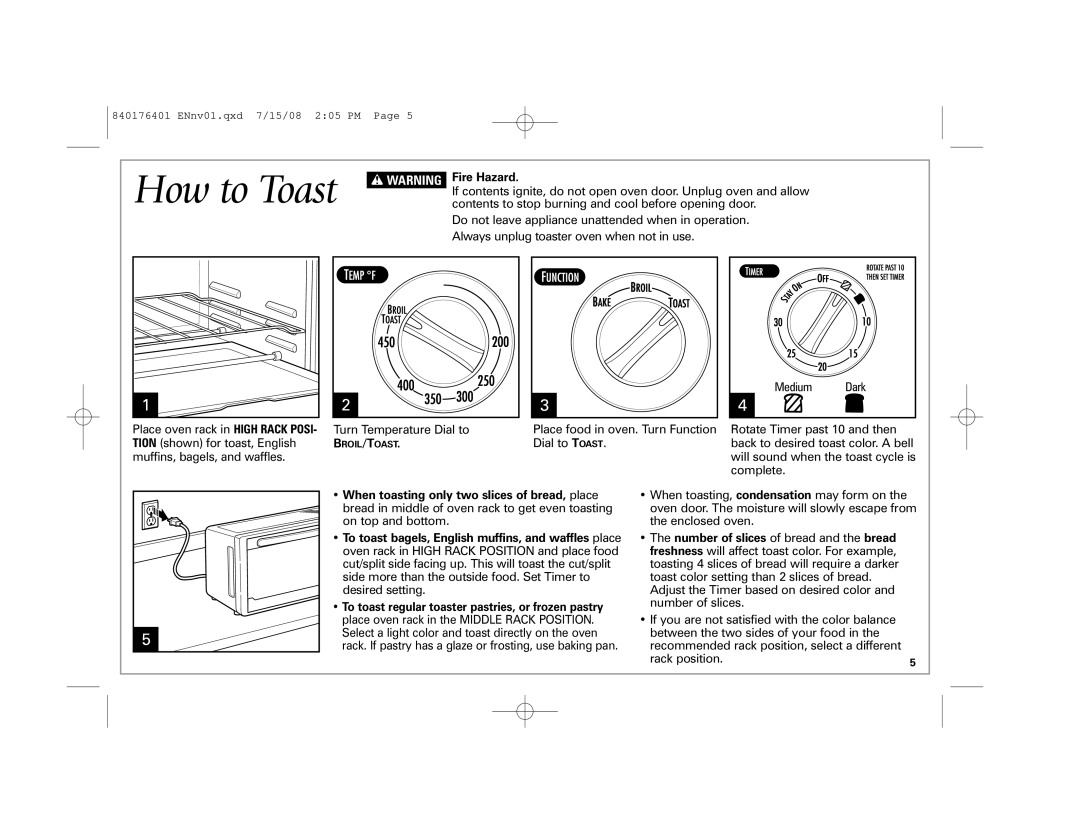 Hamilton Beach 31507 manual How to Toast, Fire Hazard, Rack position 