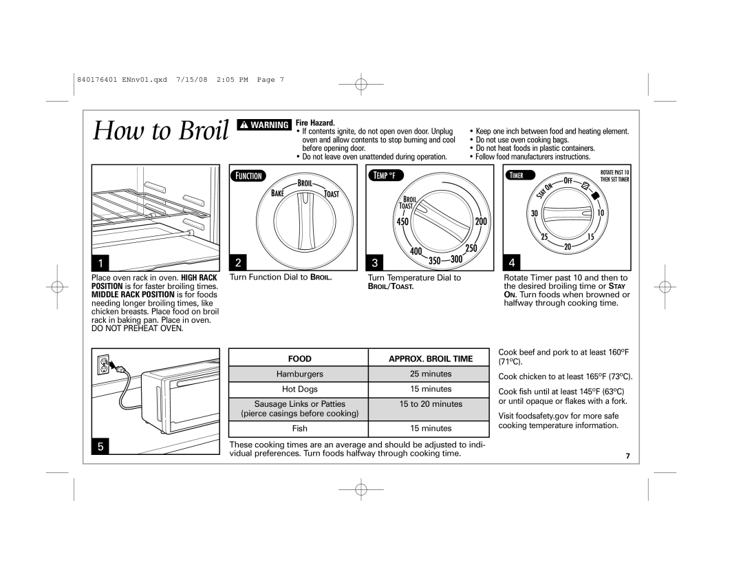 Hamilton Beach 31507 manual Turn Temperature Dial to Rotate Timer past 10 and then to, Desired broiling time or Stay 