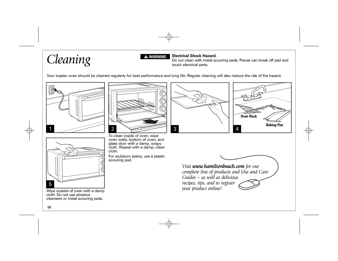 Hamilton Beach 31512, 31511, 31506, 31508 manual Cleaning, Oven Rack, Baking Pan 