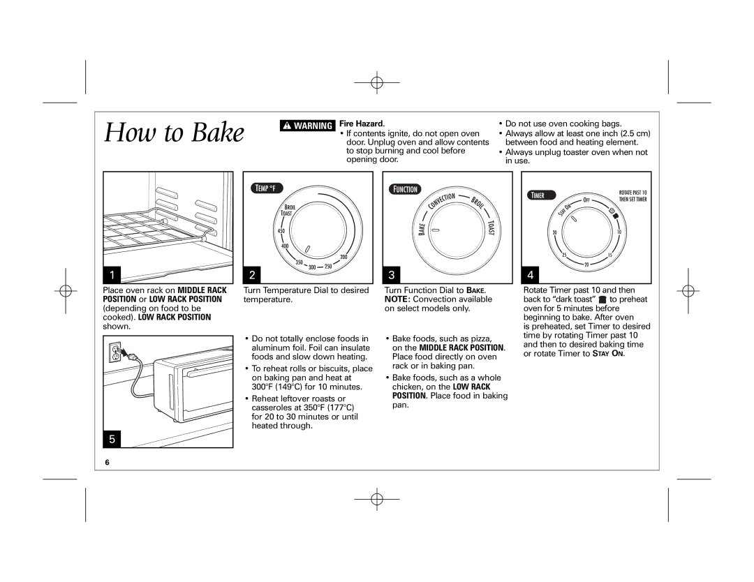 Hamilton Beach 31512, 31511, 31506, 31508 manual How to Bake, Fire Hazard 