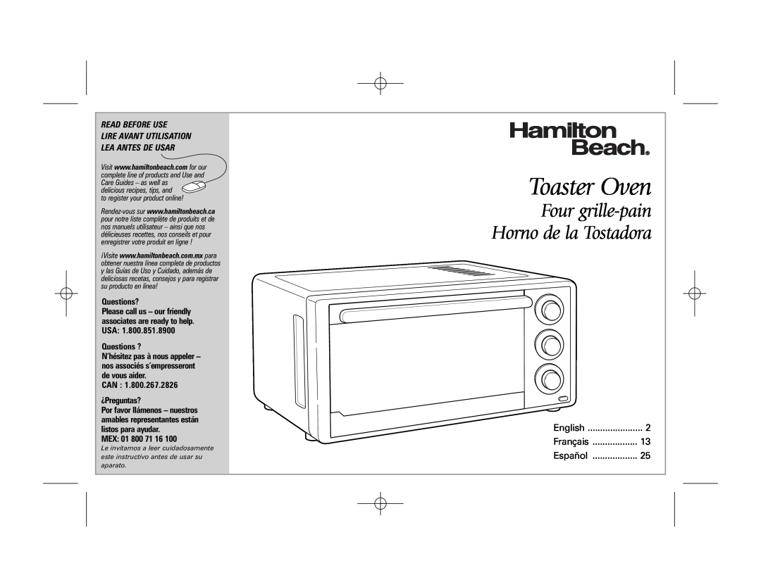 Hamilton Beach 31506, 31511, 31512, 31508 manual Toaster Oven, Four grille-pain Horno de la Tostadora, Read Before Use 