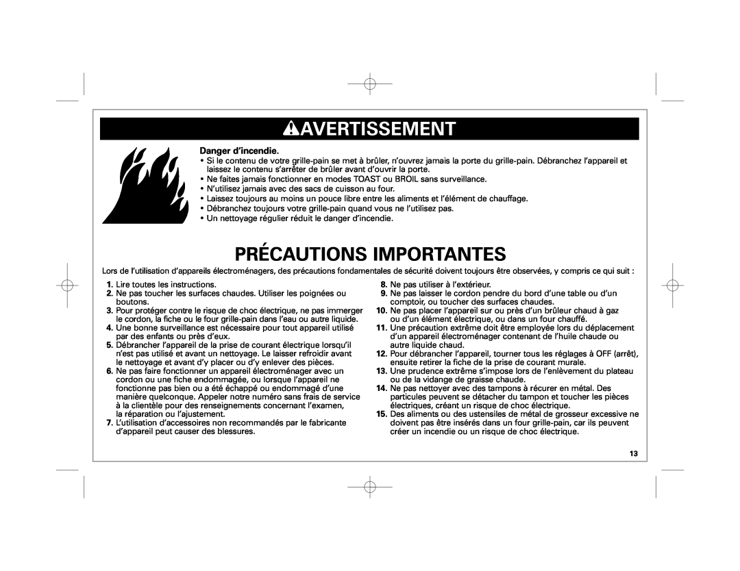 Hamilton Beach 31506, 31511, 31512, 31508 manual wAVERTISSEMENT, Précautions Importantes, Danger d’incendie 