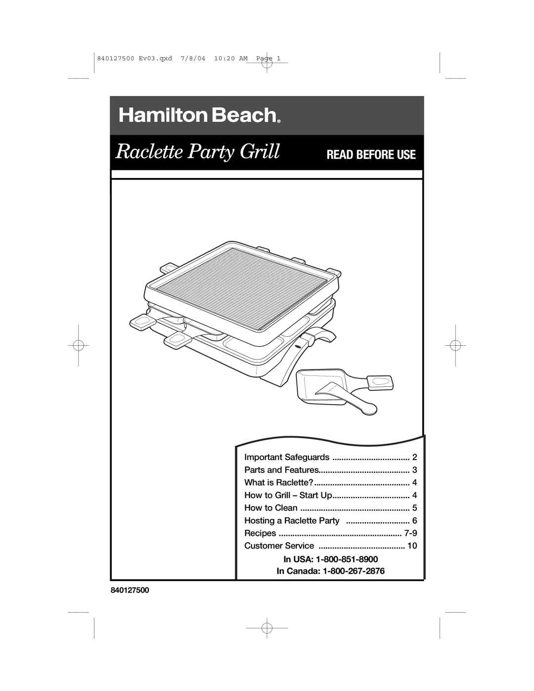 Hamilton Beach 31602 manual Raclette Party Grill, USA Canada 