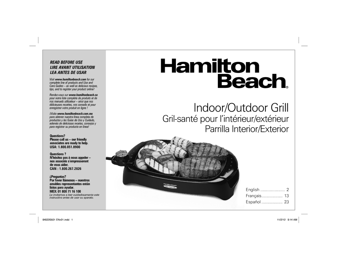 Hamilton Beach 31606N, 31605N manual Indoor/Outdoor Grill 