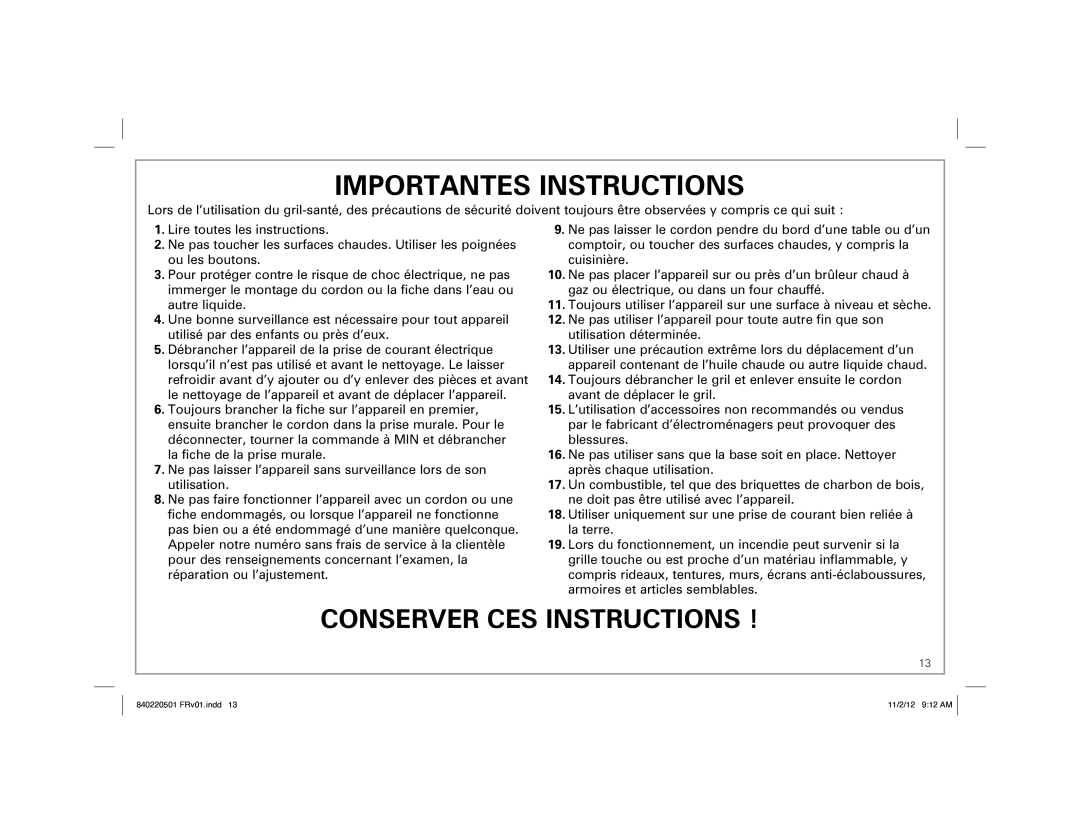 Hamilton Beach 31606N, 31605N manual Importantes Instructions 