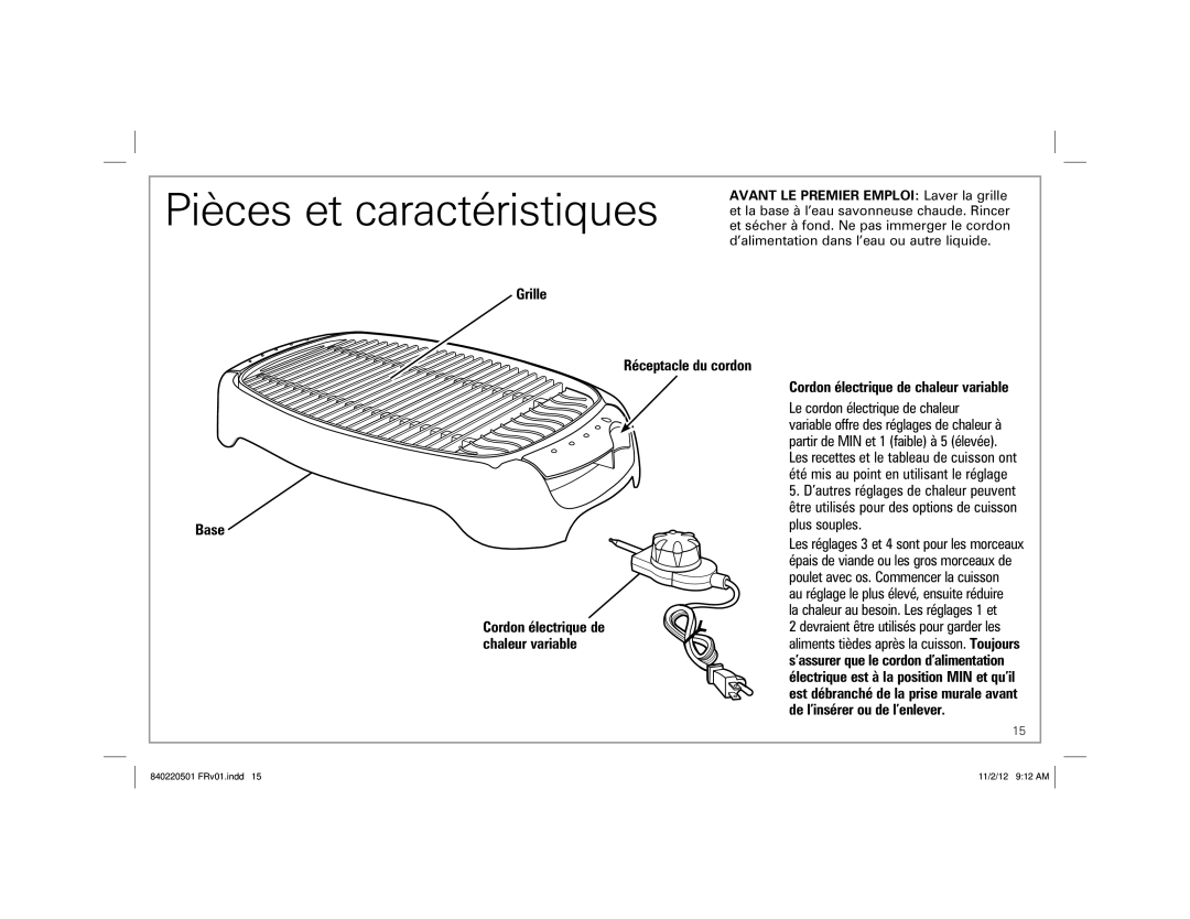 Hamilton Beach 31606N, 31605N manual Pièces et caractéristiques, Grille, Réceptacle du cordon, Chaleur variable 