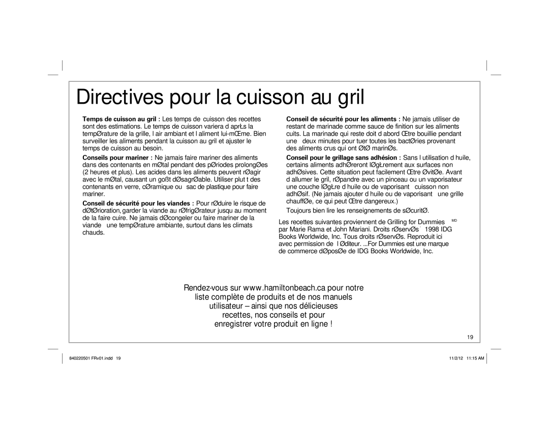 Hamilton Beach 31606N, 31605N manual Directives pour la cuisson au gril, Toujours bien lire les renseignements de sécurité 