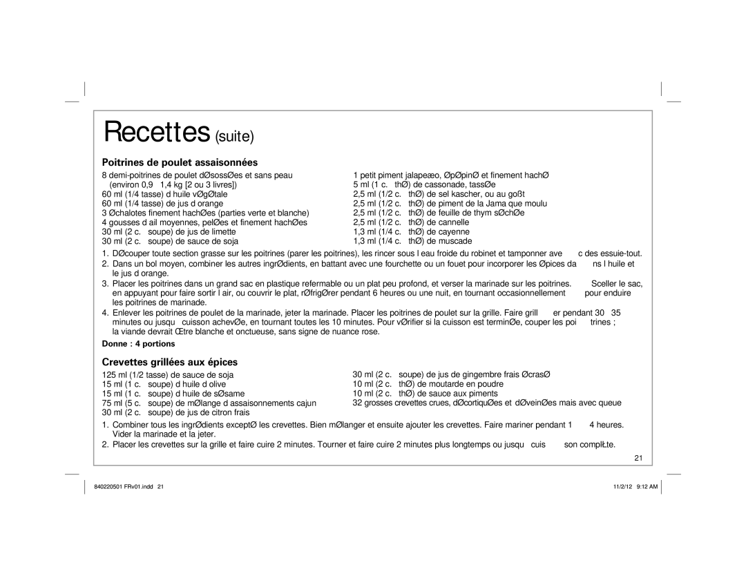 Hamilton Beach 31606N, 31605N manual Recettes suite, Poitrines de poulet assaisonnées, Crevettes grillées aux épices 