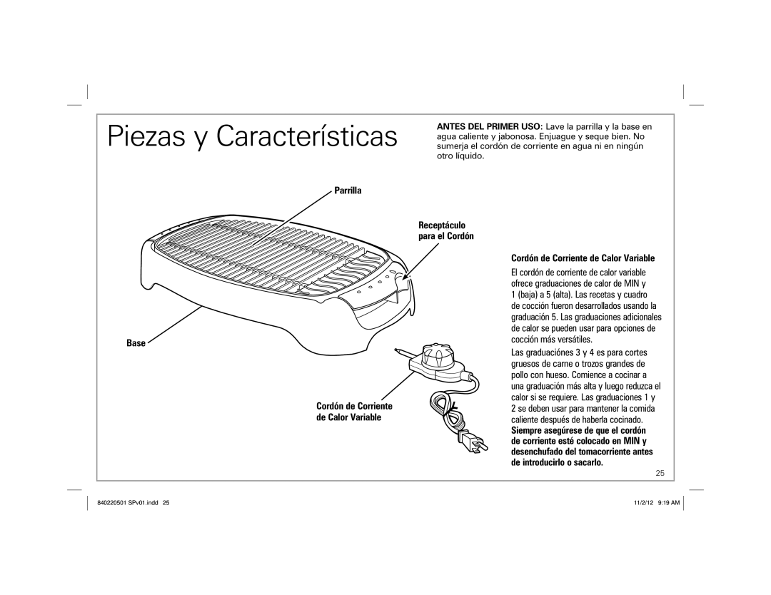 Hamilton Beach 31606N, 31605N manual Parrilla Base, Cordón de Corriente de Calor Variable 