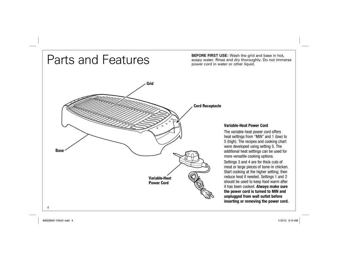 Hamilton Beach 31605N, 31606N manual Parts and Features, Grid Base Variable-Heat Power Cord, Cord Receptacle 